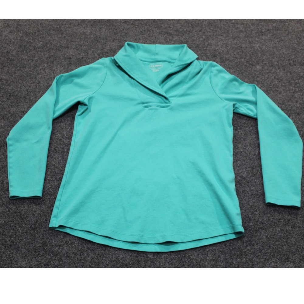 LL Bean Womens Teal Cotton Shawl Collar Long‎ Sleeve Top Medium Regular 290348